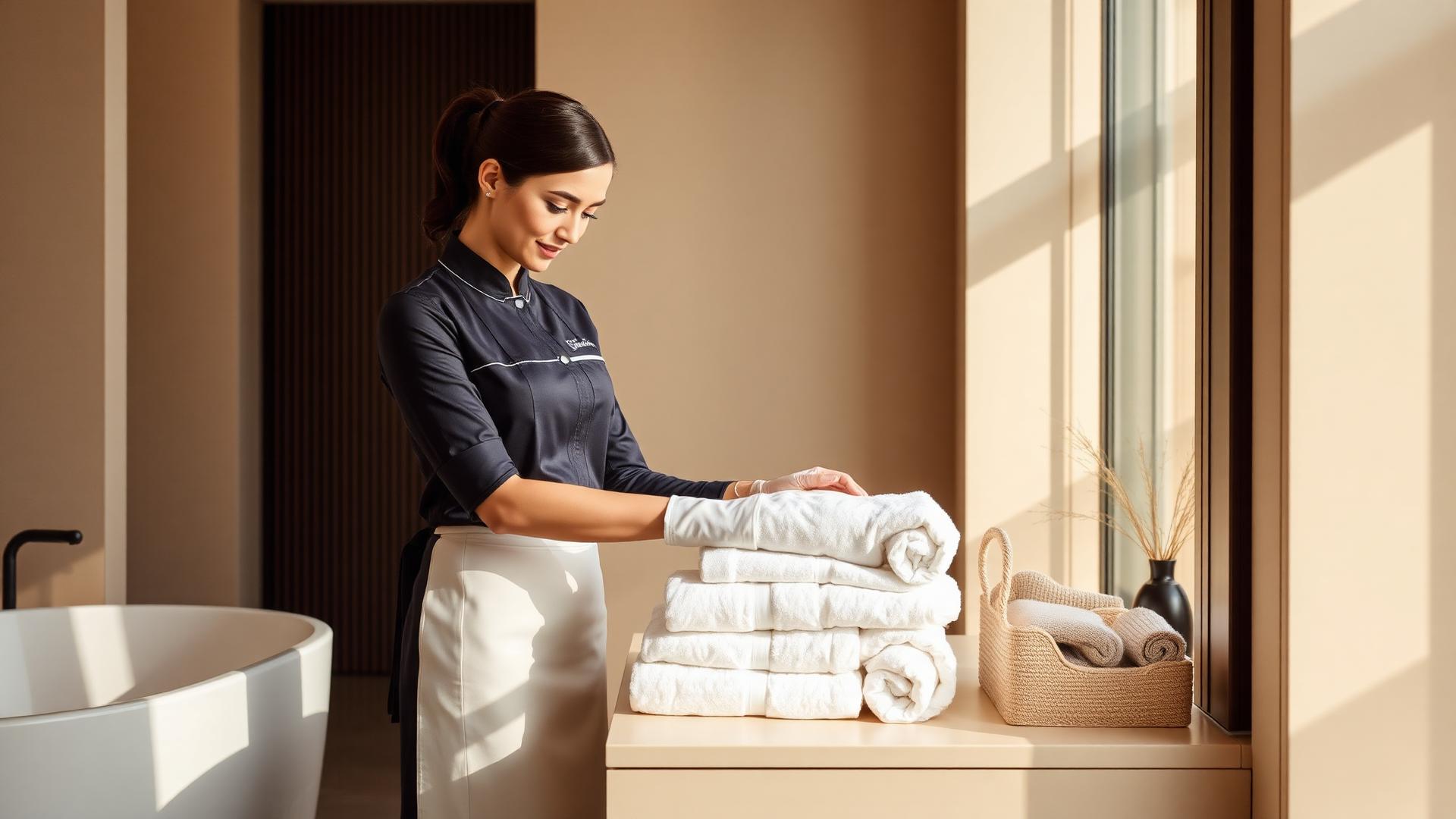 Elegant professional cleaner arranging fresh towels in a luxury home