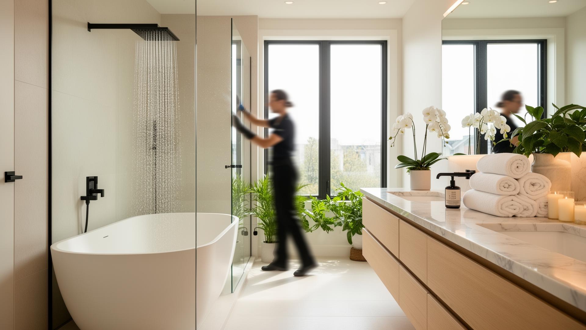 Sparkling clean modern bathroom with marble vanity and rolled towels