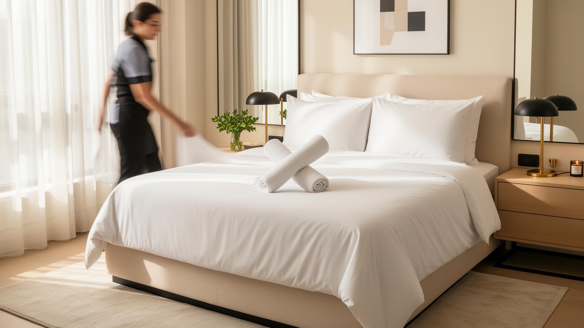 Housekeeper finishing a freshly made bed with crisp hotel linens