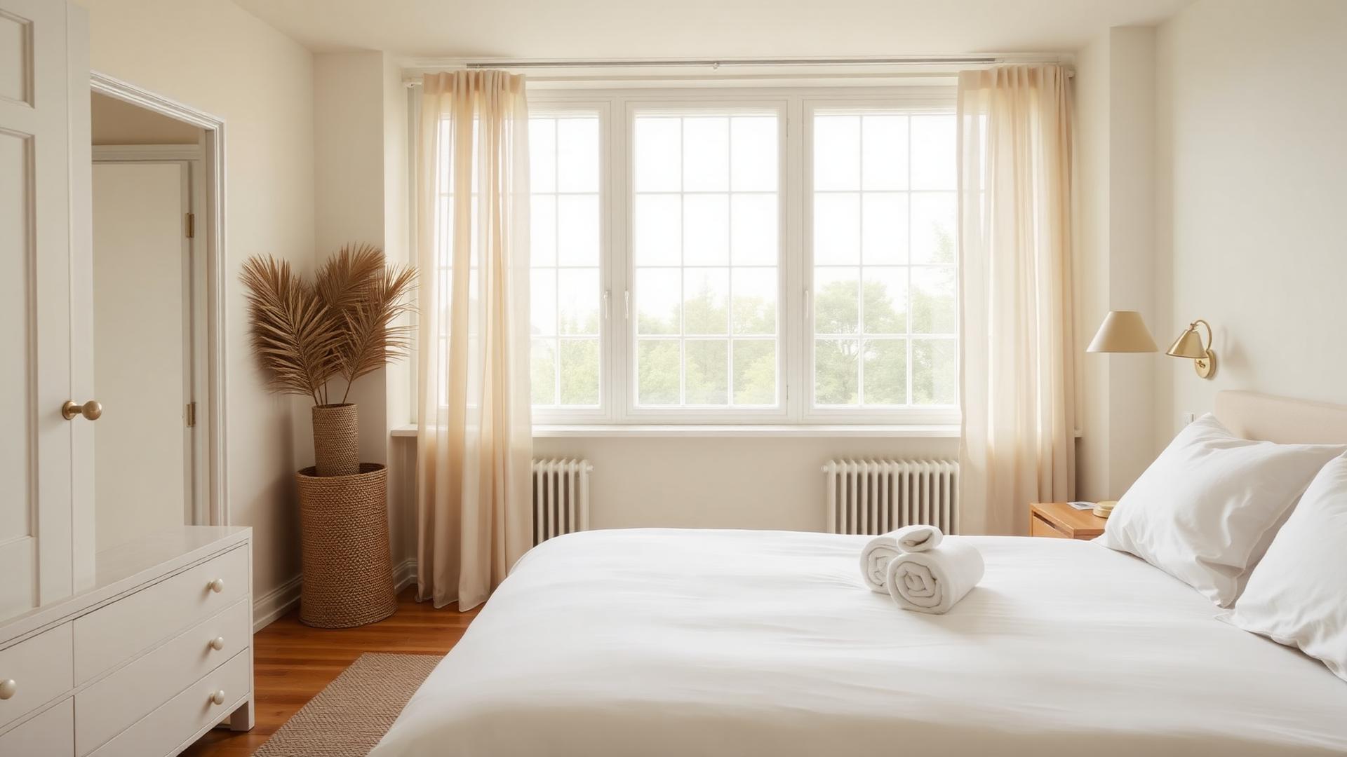 Immaculately staged Airbnb bedroom with crisp white hotel linens and rolled towels