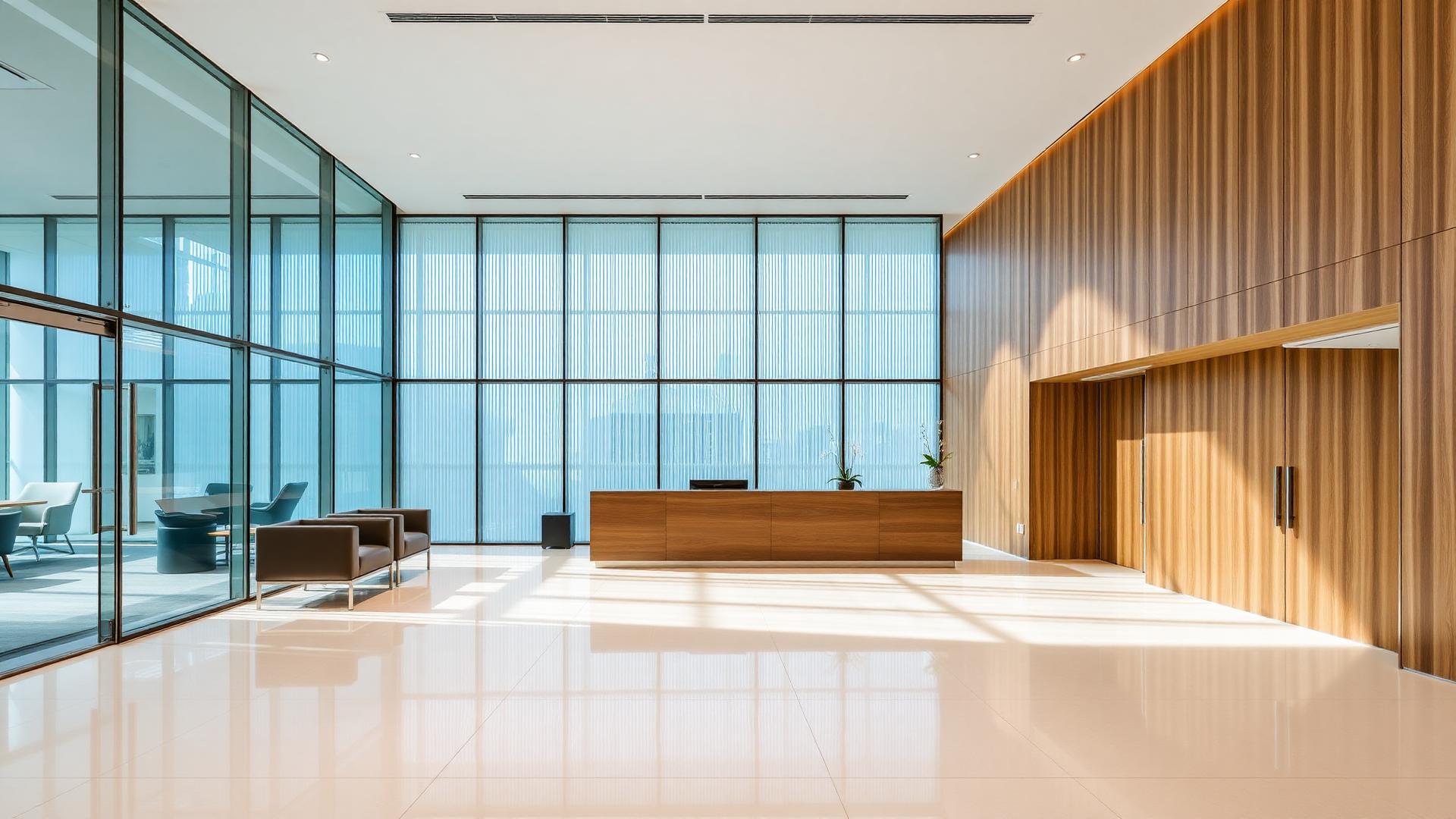 Pristine modern commercial office lobby with polished floors and warm wood reception